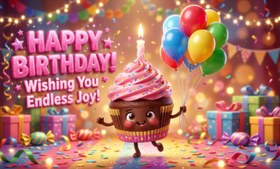 cupcake character with balloons