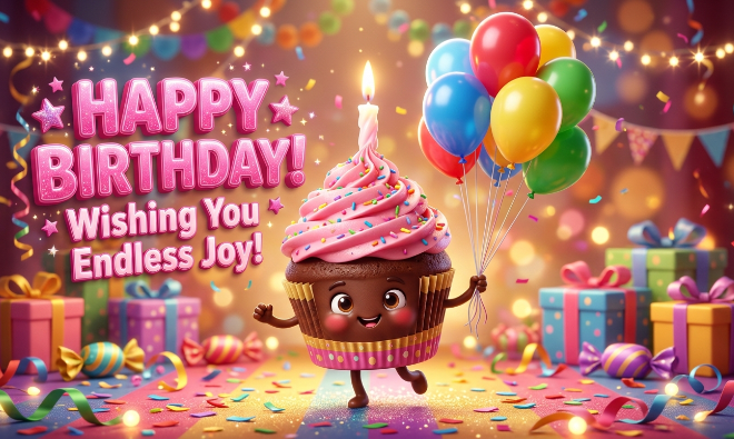 cupcake character with balloons